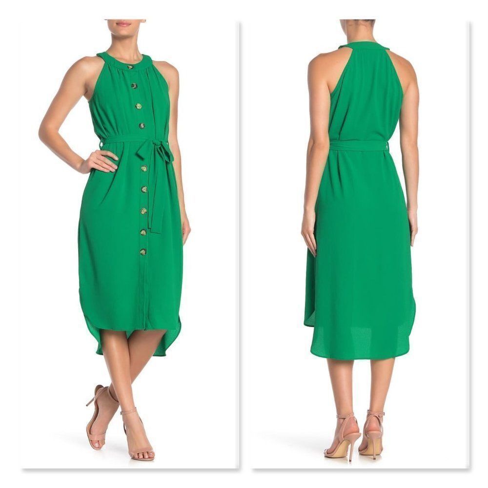 ECI Button Front Sleeveless Crepe Midi Dress